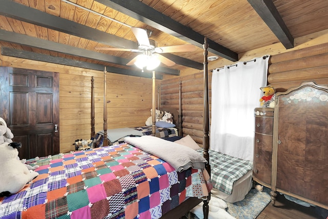 bedroom with wooden ceiling, hardwood / wood-style flooring, ceiling fan, log walls, and beamed ceiling