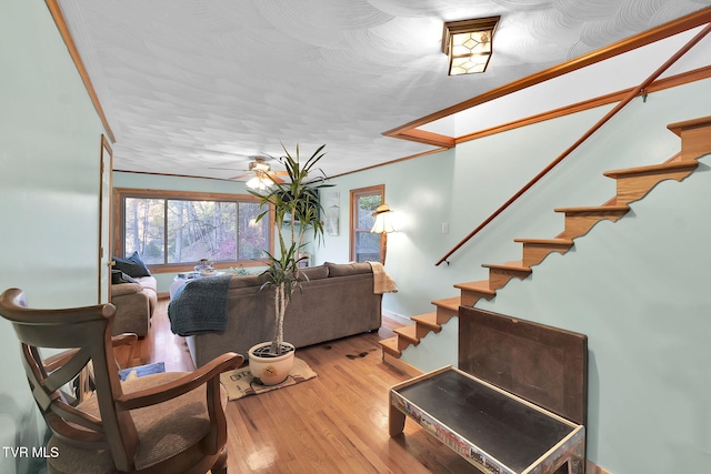 living room with ceiling fan, light wood-type flooring, and crown molding