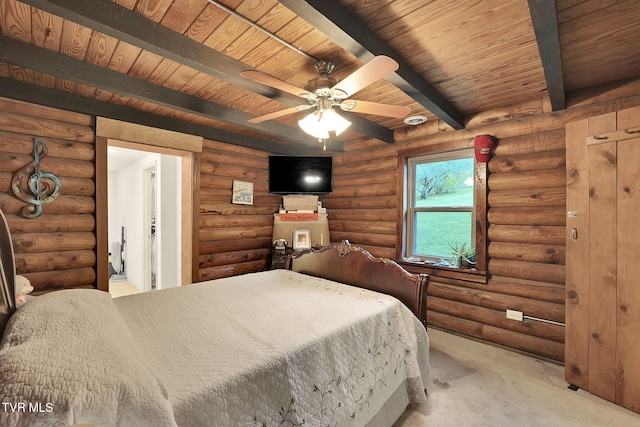 carpeted bedroom featuring beamed ceiling, rustic walls, ceiling fan, and wooden ceiling