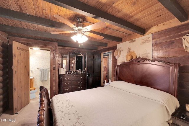 carpeted bedroom featuring wooden ceiling, wooden walls, ceiling fan, connected bathroom, and beamed ceiling