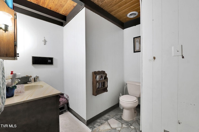 bathroom featuring vanity, toilet, and wood ceiling