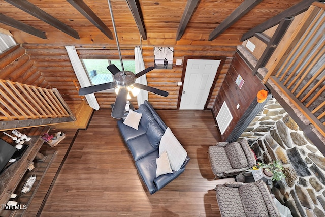 unfurnished living room featuring beamed ceiling, dark wood-type flooring, wooden ceiling, and log walls