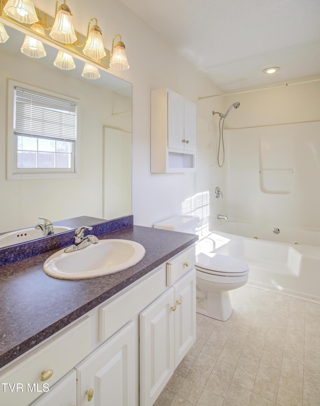 full bathroom with bathing tub / shower combination, tile patterned flooring, vanity, and toilet