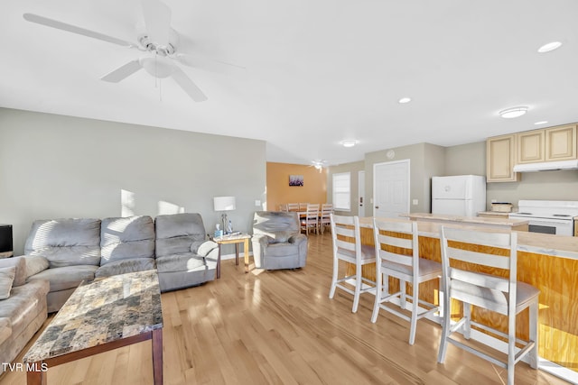 living room featuring light hardwood / wood-style floors and ceiling fan