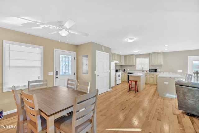 dining space featuring ceiling fan, a wealth of natural light, and light hardwood / wood-style floors