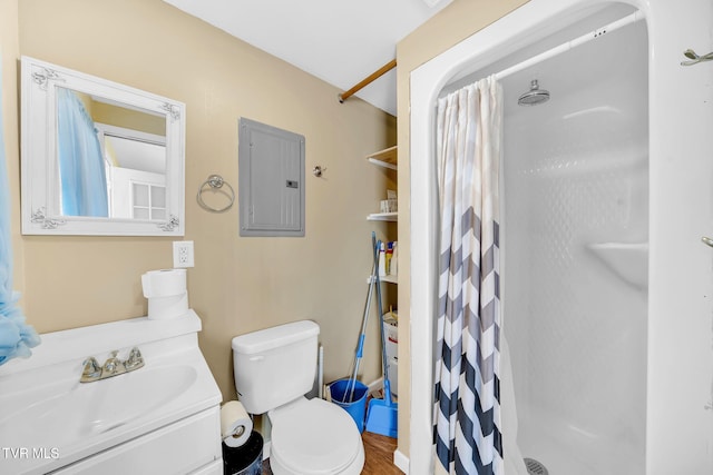 bathroom with toilet, electric panel, a shower with curtain, and vanity