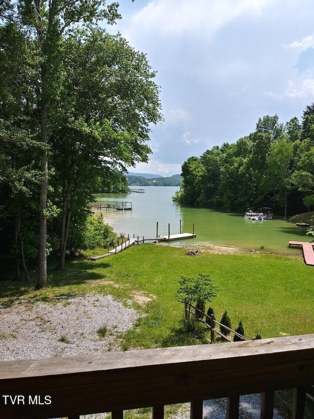 view of yard featuring a water view and a boat dock