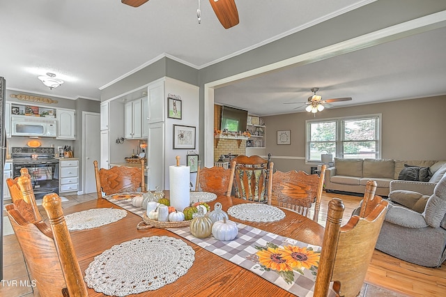 dining space featuring ceiling fan, light hardwood / wood-style floors, and ornamental molding