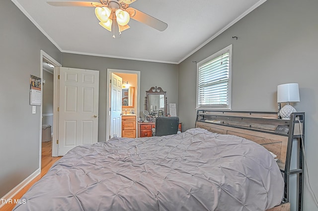 bedroom with ensuite bathroom, ceiling fan, crown molding, and light hardwood / wood-style floors