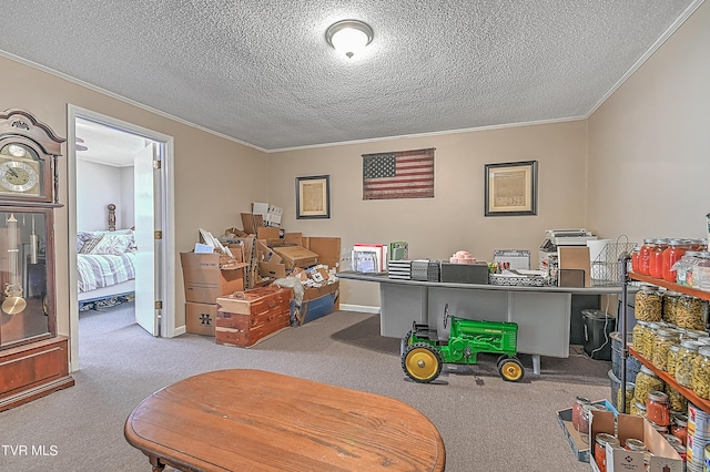 carpeted home office featuring a textured ceiling and ornamental molding