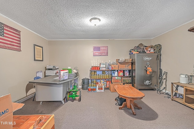 office area with crown molding, carpet floors, and a textured ceiling