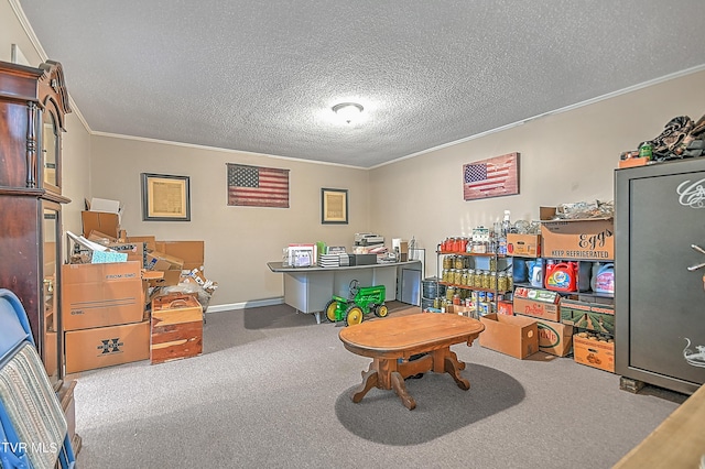 rec room featuring a textured ceiling, carpet flooring, and crown molding