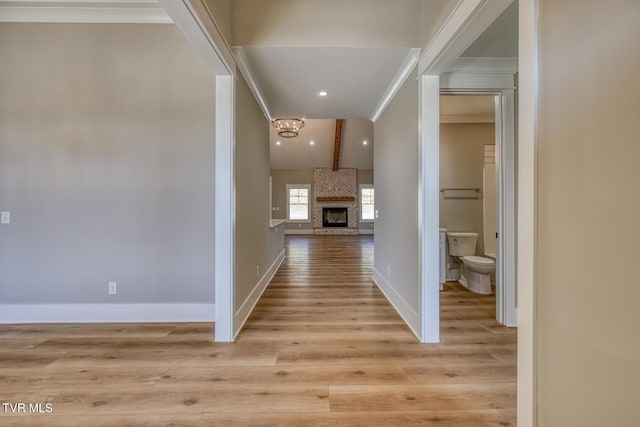 hall with light wood-type flooring and crown molding