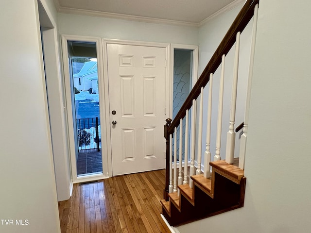 foyer with wood-type flooring and crown molding