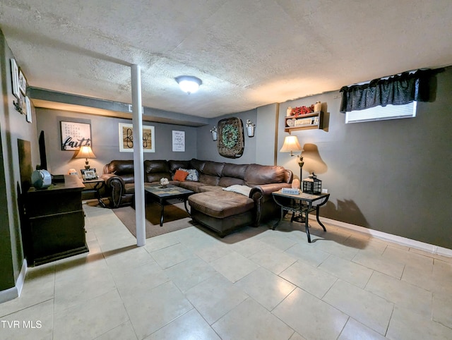 living room with a textured ceiling