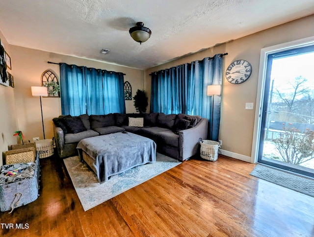 living room with a textured ceiling and hardwood / wood-style floors