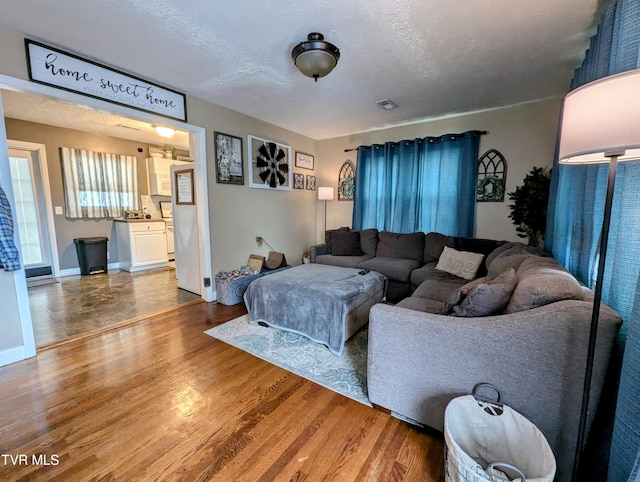 living room featuring a textured ceiling and hardwood / wood-style flooring