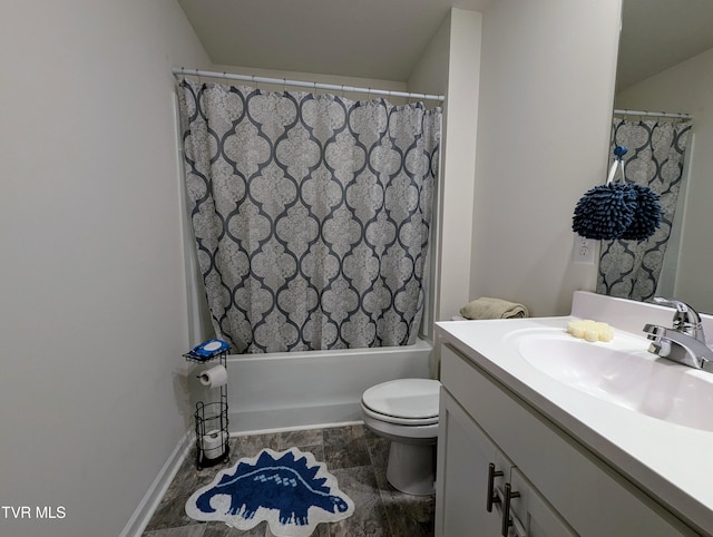 full bathroom with toilet, shower / tub combo with curtain, and vanity