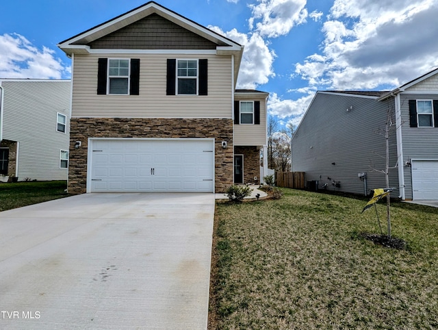 view of front of property featuring concrete driveway, fence, stone siding, a front lawn, and a garage