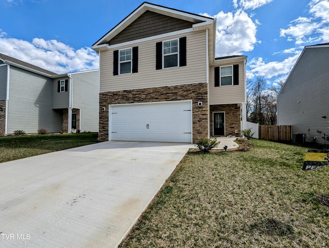 view of front of property featuring stone siding, concrete driveway, fence, and a front lawn