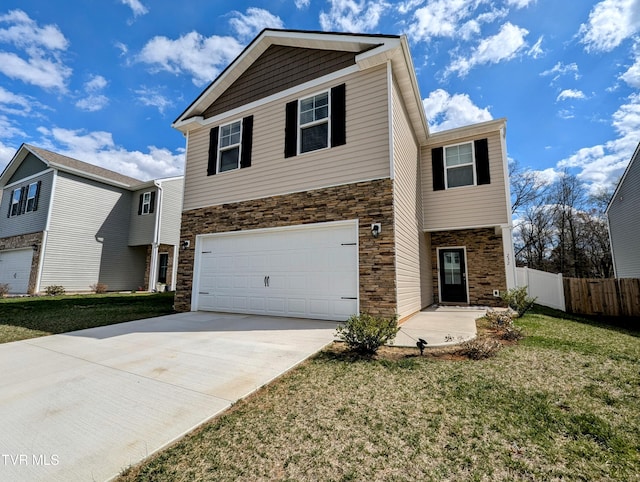view of front of property featuring stone siding, concrete driveway, a garage, and fence
