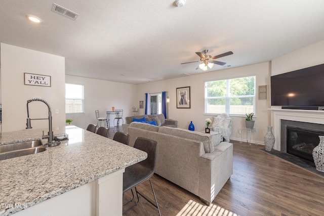 living room with dark hardwood / wood-style flooring, ceiling fan, sink, and a textured ceiling