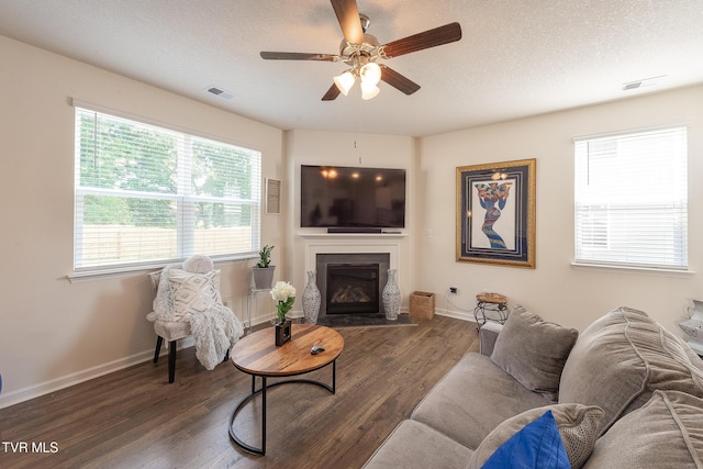 living room featuring ceiling fan, dark hardwood / wood-style flooring, and a textured ceiling