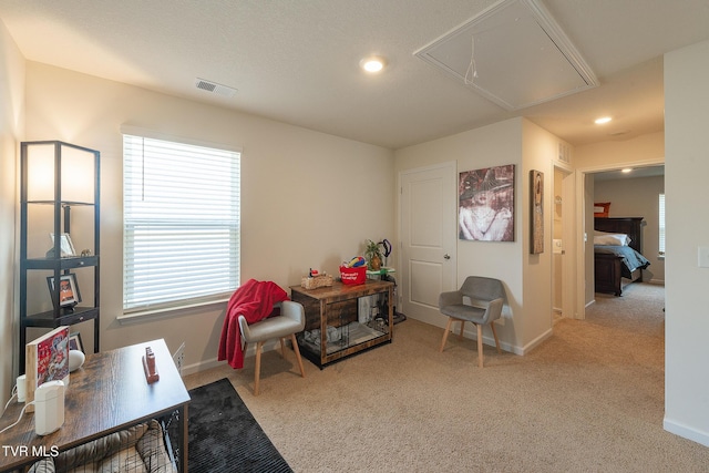 recreation room featuring light carpet