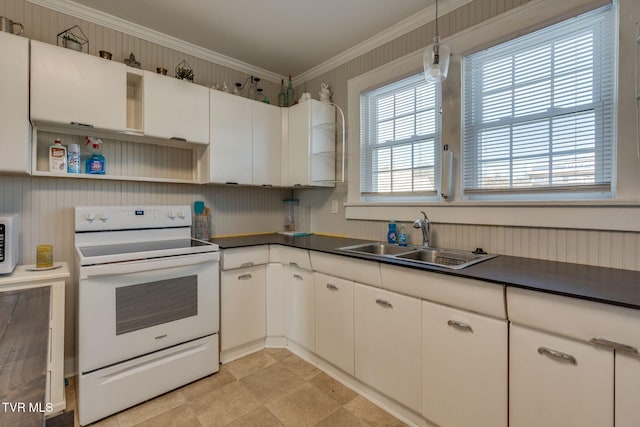 kitchen with white range with electric stovetop, white cabinetry, crown molding, and sink