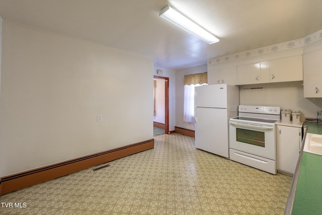 kitchen featuring white cabinets, a baseboard radiator, light countertops, white appliances, and light floors
