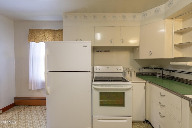 kitchen with open shelves, baseboards, white appliances, and white cabinets