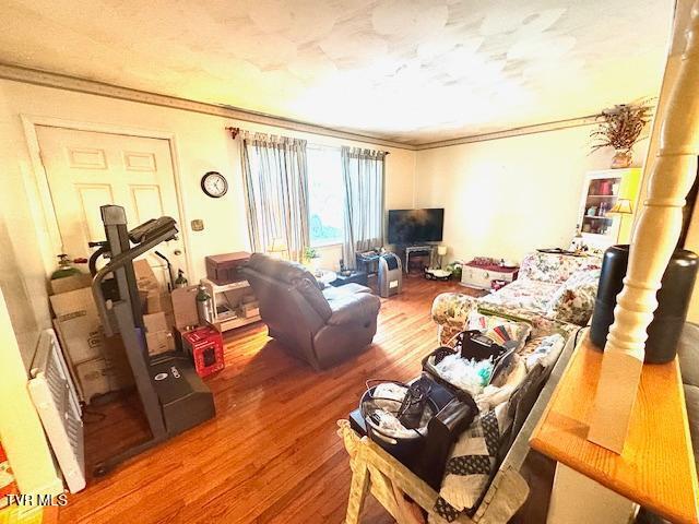 living room with crown molding and hardwood / wood-style flooring