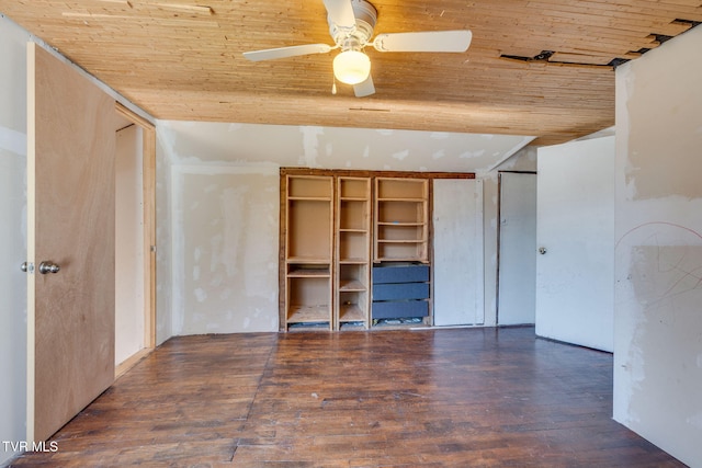 unfurnished living room featuring ceiling fan, dark wood-type flooring, and wood ceiling