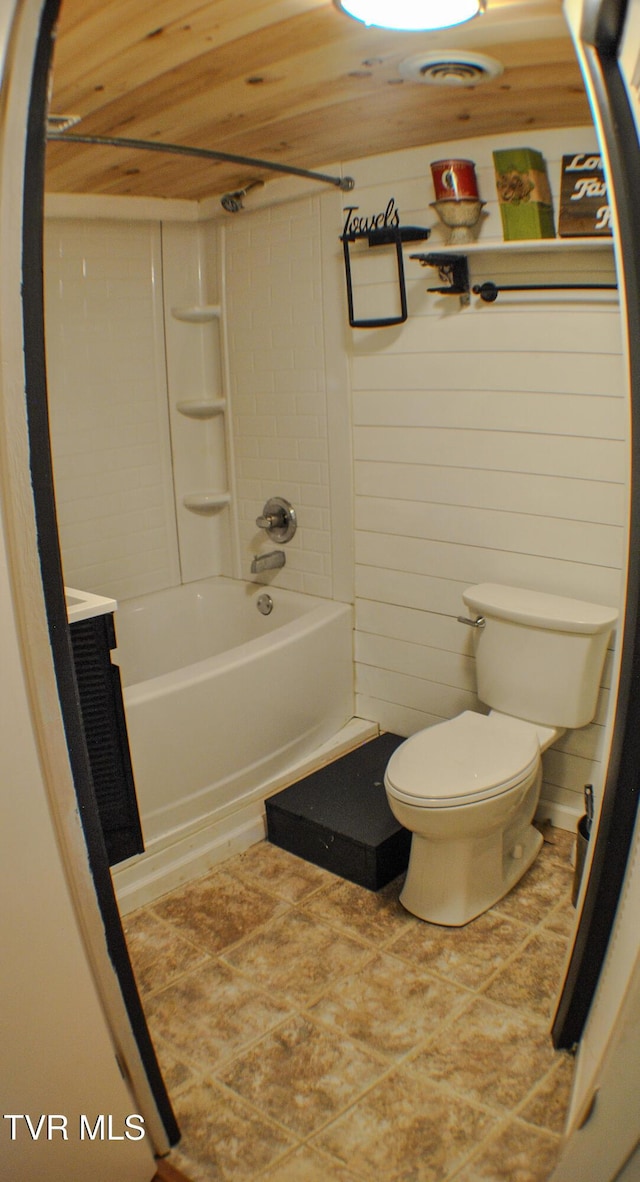 full bathroom with toilet, wood ceiling, wood walls,  shower combination, and vanity