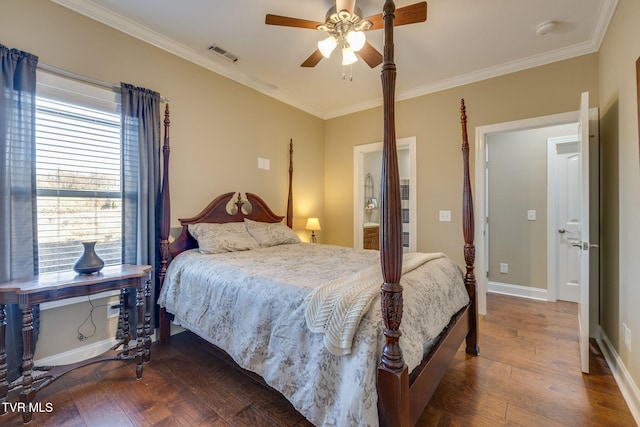 bedroom featuring dark hardwood / wood-style flooring, crown molding, and ceiling fan