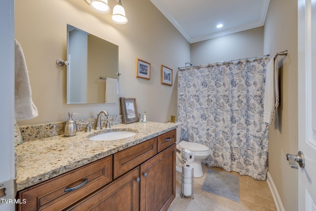 bathroom with ornamental molding, a shower with shower curtain, vanity, and toilet