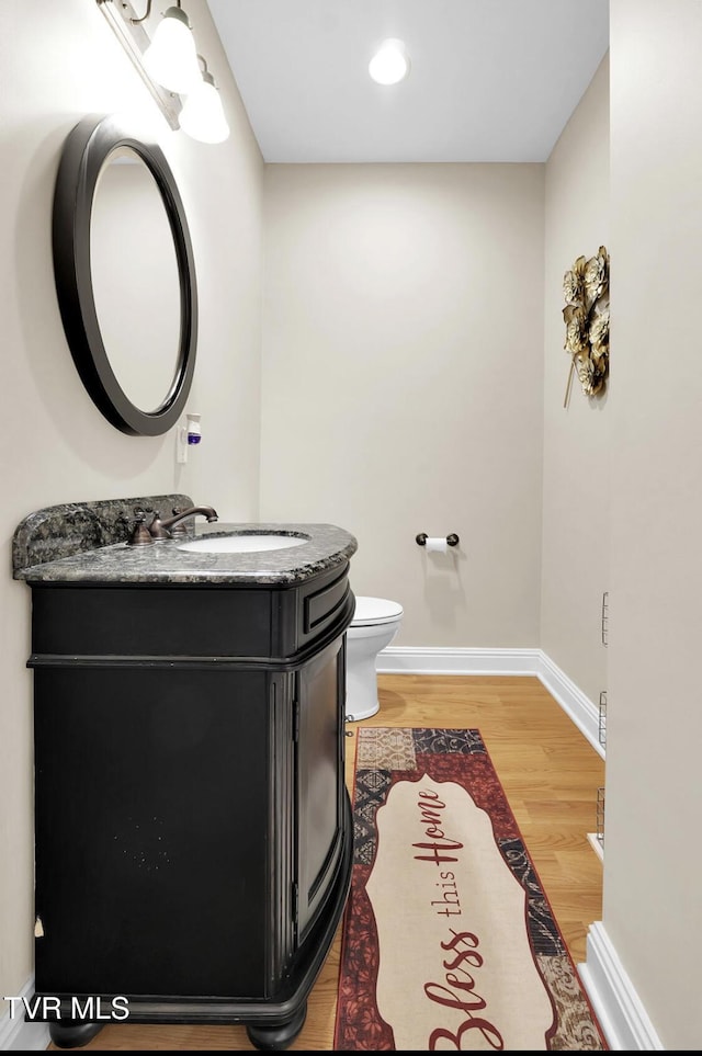 bathroom featuring vanity, wood-type flooring, and toilet