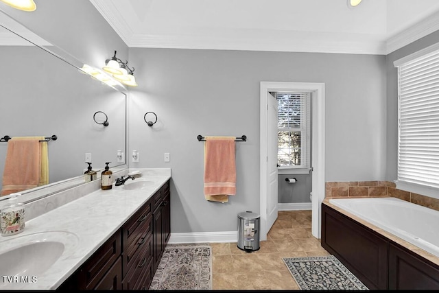 bathroom with a washtub, tile patterned flooring, toilet, vanity, and ornamental molding