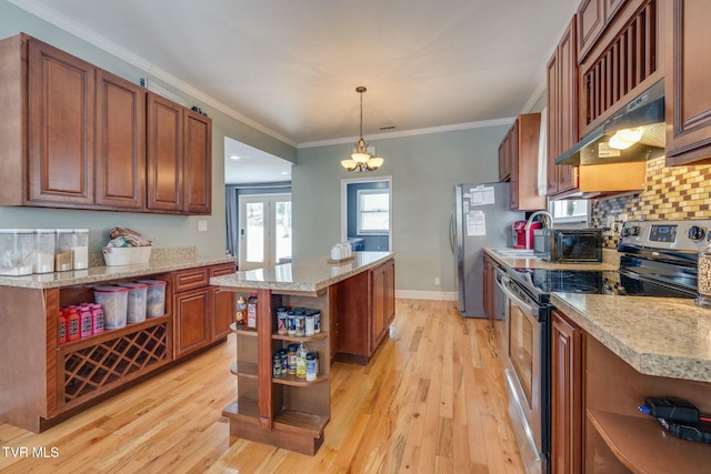 kitchen with crown molding, pendant lighting, light hardwood / wood-style floors, electric stove, and a kitchen island