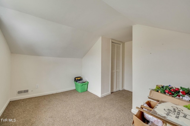 additional living space featuring light carpet and vaulted ceiling