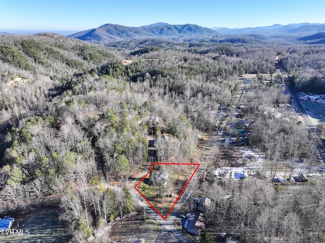 drone / aerial view featuring a mountain view