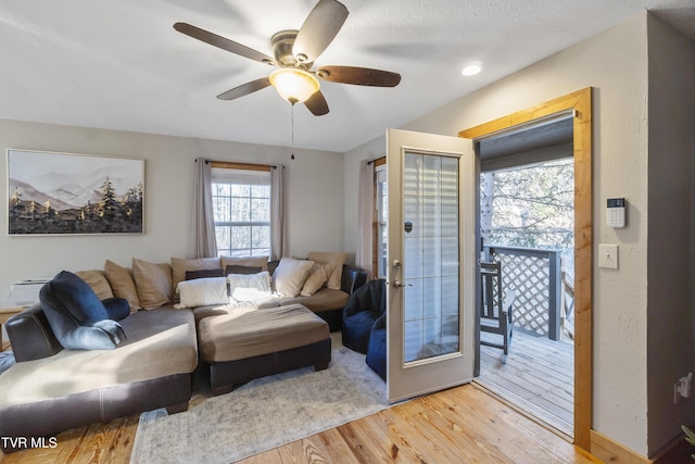 living room featuring ceiling fan and light hardwood / wood-style flooring