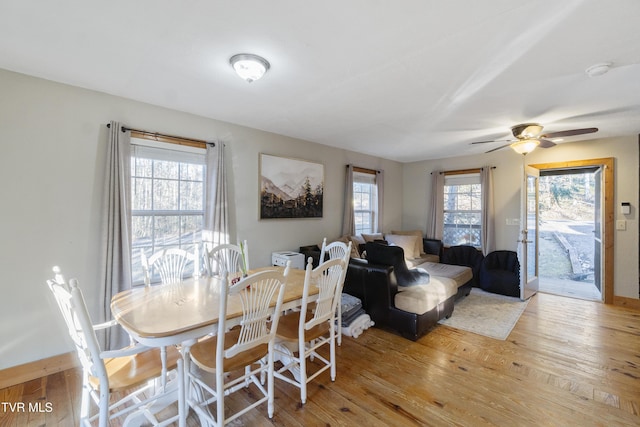 dining room featuring ceiling fan, a healthy amount of sunlight, and light wood-type flooring