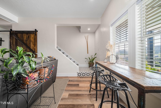 interior space with a barn door and wood-type flooring