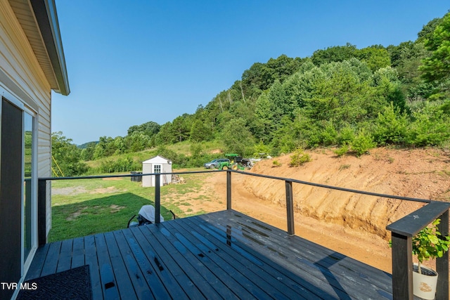 wooden deck with a lawn and a shed