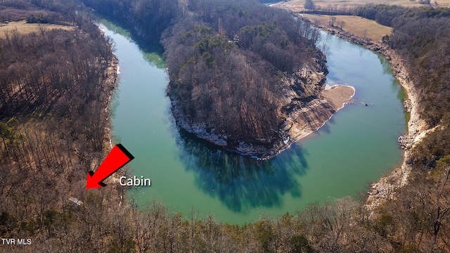 drone / aerial view featuring a wooded view and a water view