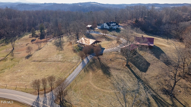 birds eye view of property with a mountain view and a wooded view