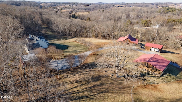 aerial view featuring a wooded view