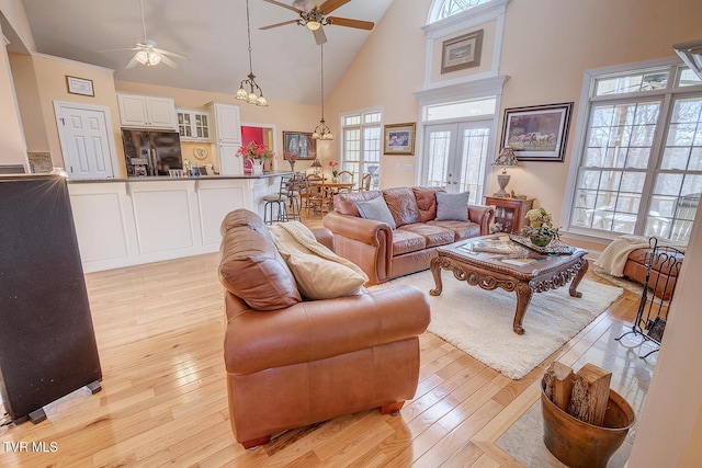 living room featuring a healthy amount of sunlight, high vaulted ceiling, and light hardwood / wood-style flooring