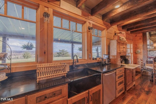 kitchen featuring dishwasher, dark hardwood / wood-style floors, wooden walls, beamed ceiling, and sink